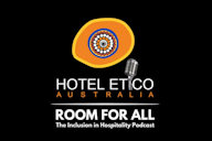 Logo for Hotel Etico Australia featuring an Indigenous-inspired design, a microphone icon, and the podcast title Room for All: The Inclusion in Hospitality Podcast on a black background.